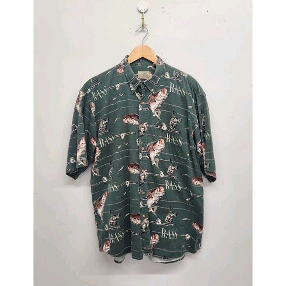 Vintage Redhead Bass Fishing all over print Green button down shirt XL Pocket - Picture 1 of 10